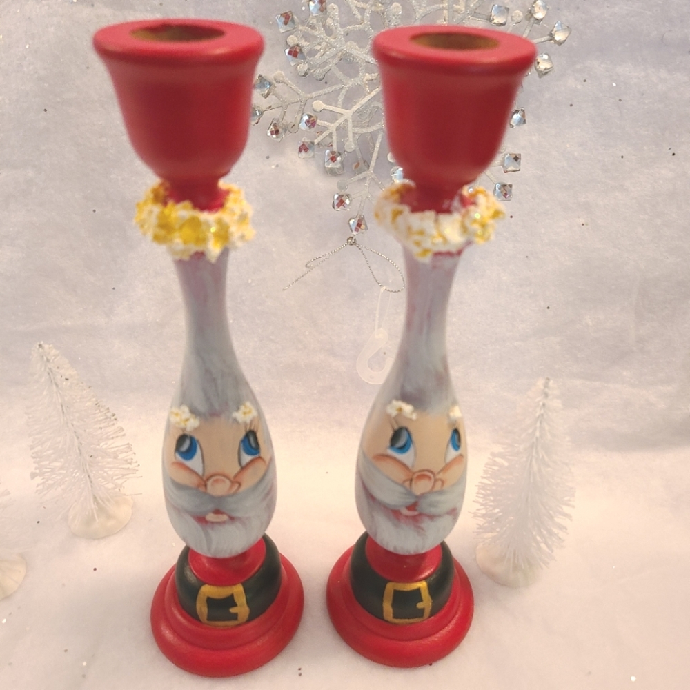 Candlesticks Santa Face Hand Painted set of 2 Folk Art